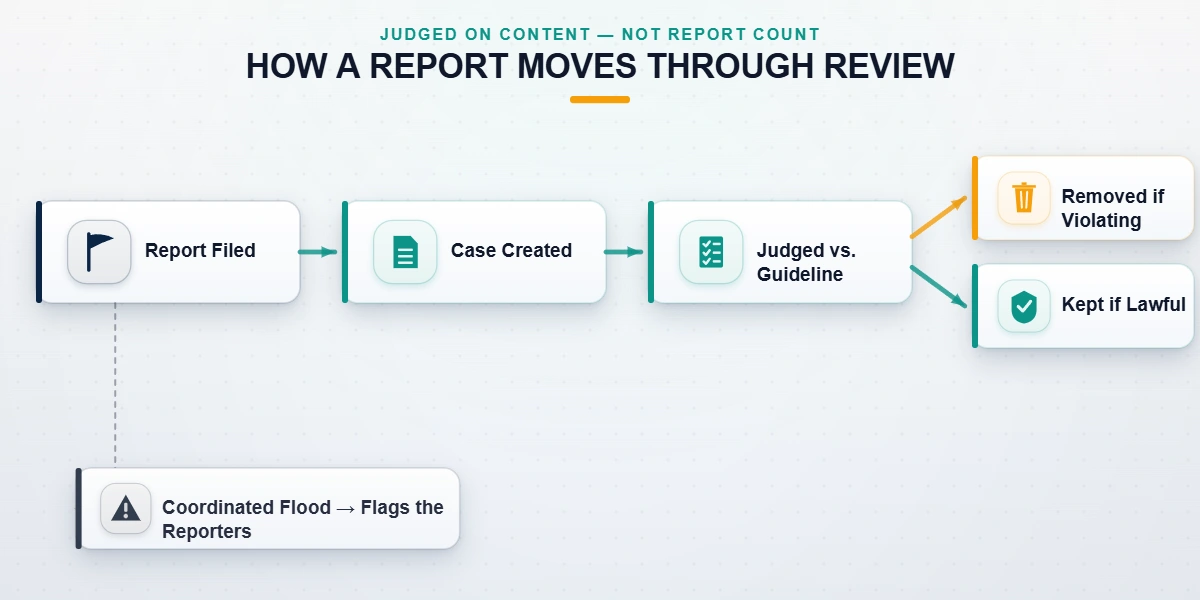 Diagram of how does TikTok mass reporting work: reports judged against guidelines by weighted review, not vote count.