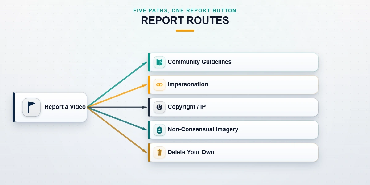 Diagram of five legitimate routes for how to get a TikTok video taken down, from Community Guidelines to deleting your own.