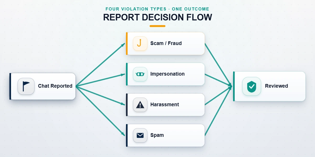 Decision-path diagram outlining how to get someone banned from WhatsApp by matching violations to the right report action.