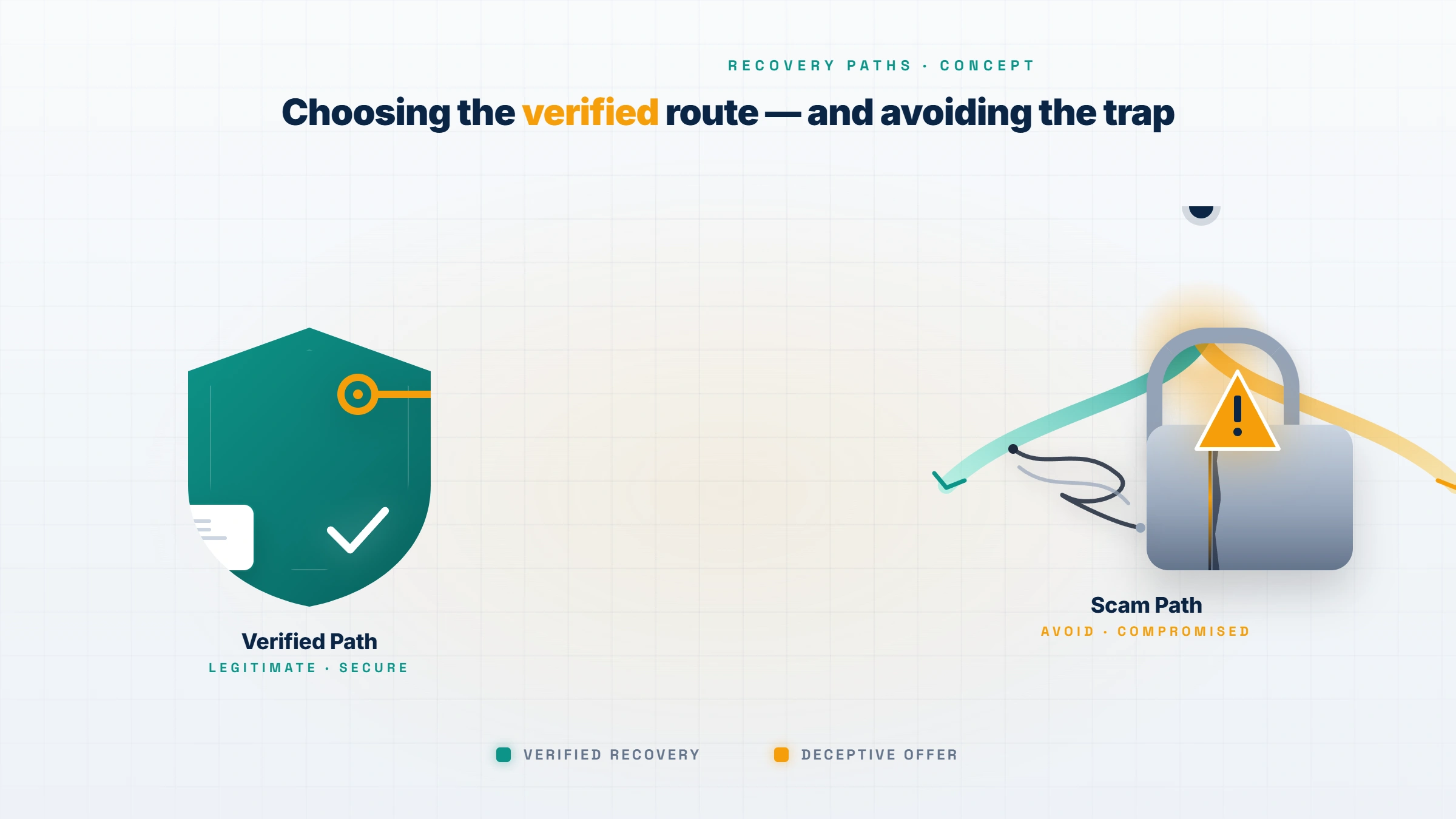 Concept illustration contrasting a secure legitimate recovery path with a deceptive scam route when attempting to get a Twitter account unbanned.