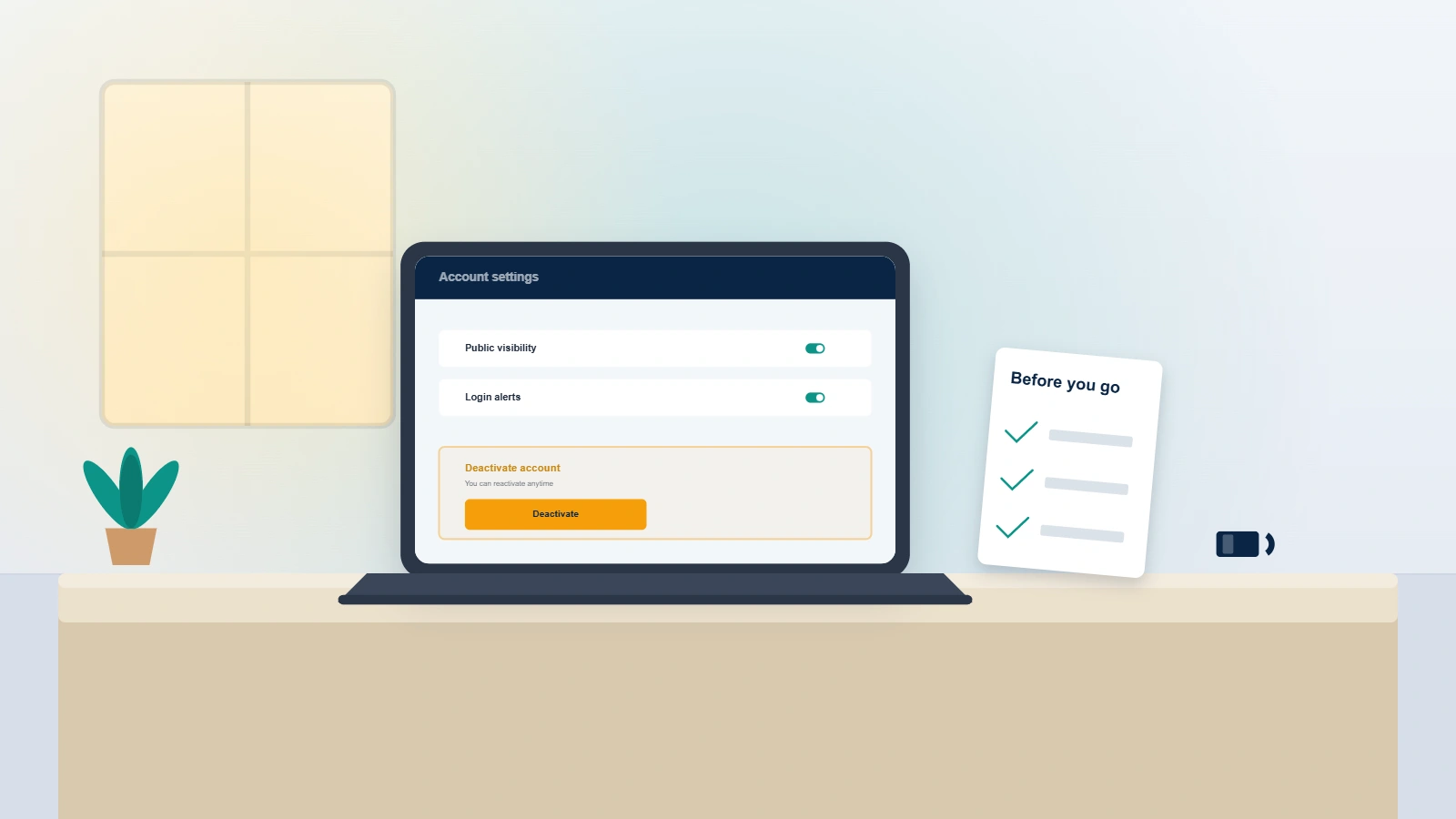 Calm editorial overview of how to take down a Facebook account, showing account settings and a secure removal workflow on a clean desk.
