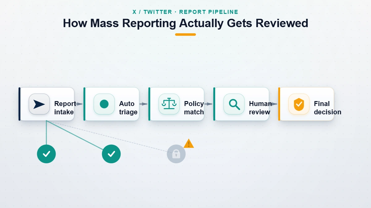 Diagram of where twitter mass reporting submissions land in X's review queue and why mass reporting twitter volume changes nothing.