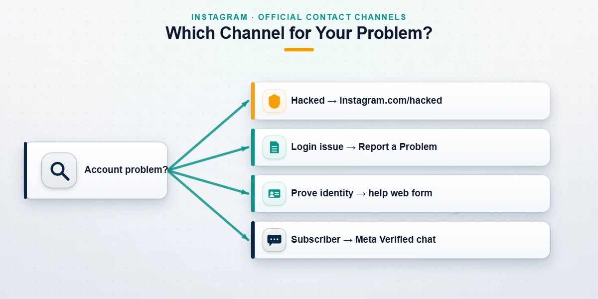 Diagram mapping which Instagram service number USA alternative or recovery channel to use for each account problem.