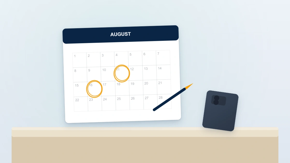 Desk calendar with circled review dates beside a face-down phone, showing how long instagram suspended account recovery takes.