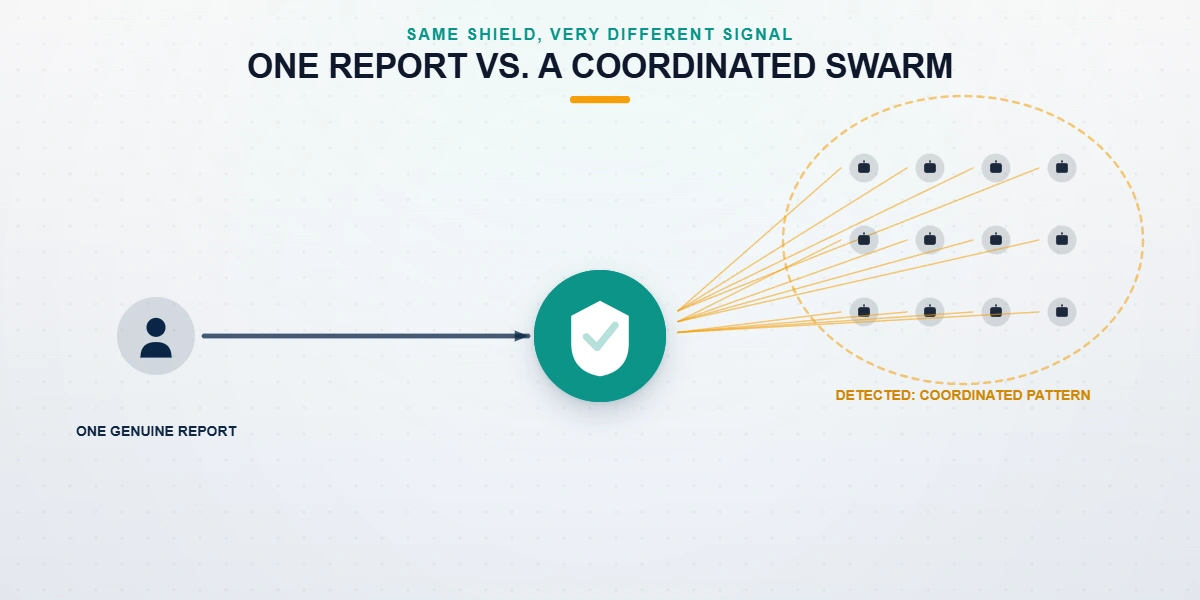 Side-by-side comparison of a bot burst and a single documented complaint, showing why a telegram mass report tool scores lower.