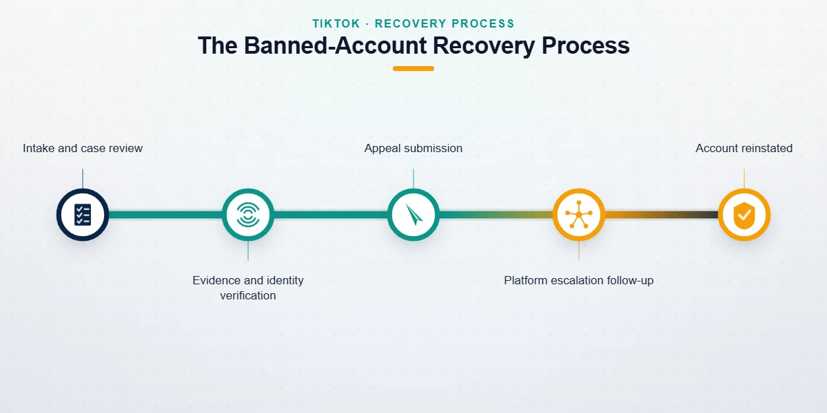 Timeline diagram of the TikTok banned account recovery service process, from case review to account reinstatement.