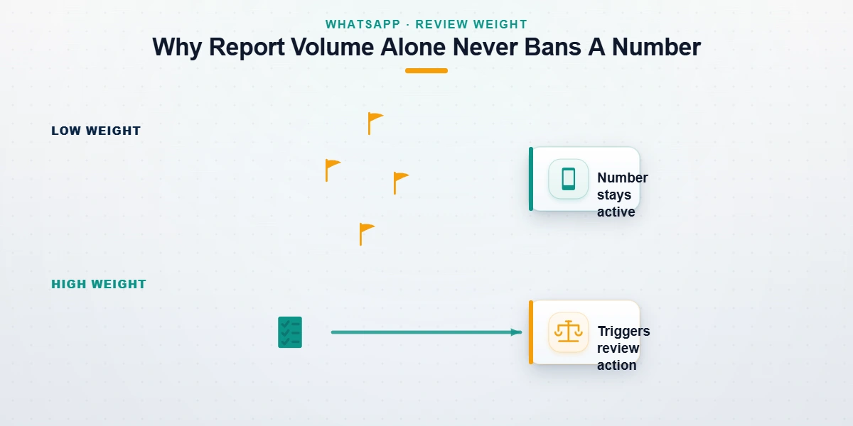 Diagram showing why a whatsapp number ban service fails because WhatsApp weighs evidence and behavior over raw report volume.